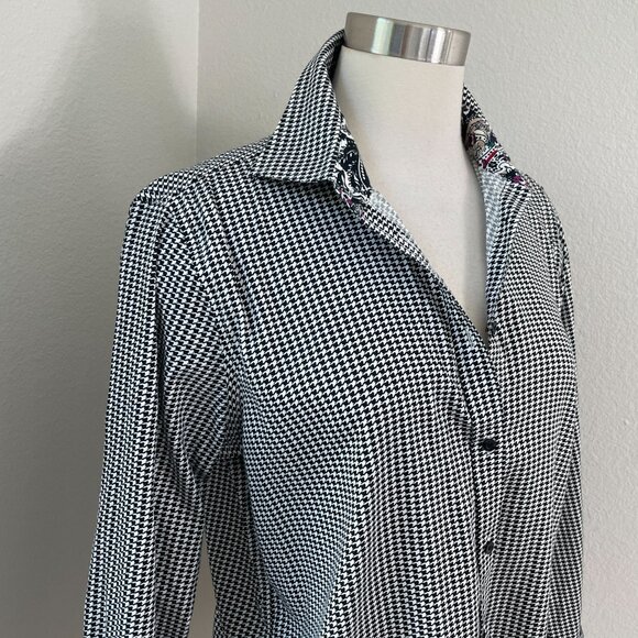 Chaps Womens Large Black White No Iron Houndstooth Button Up Shirt Long Sleeve - Picture 2 of 10